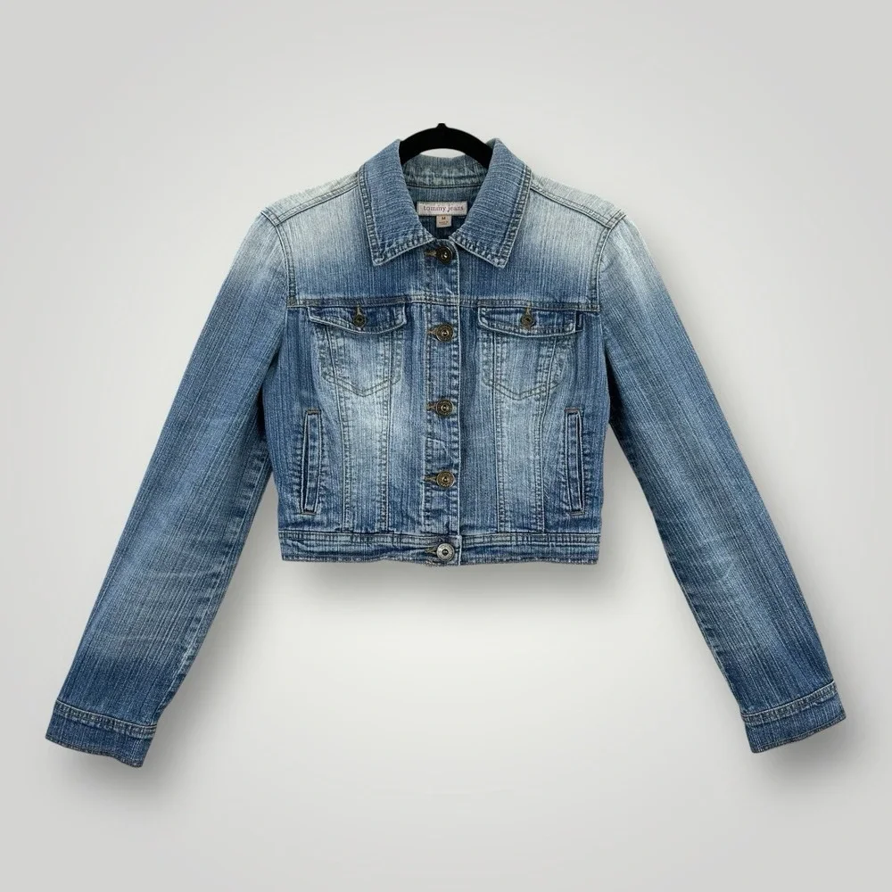 VTG 2005 Tommy Jeans Denim Cropped Jacket Womans M Love Birds Embroidery on Back